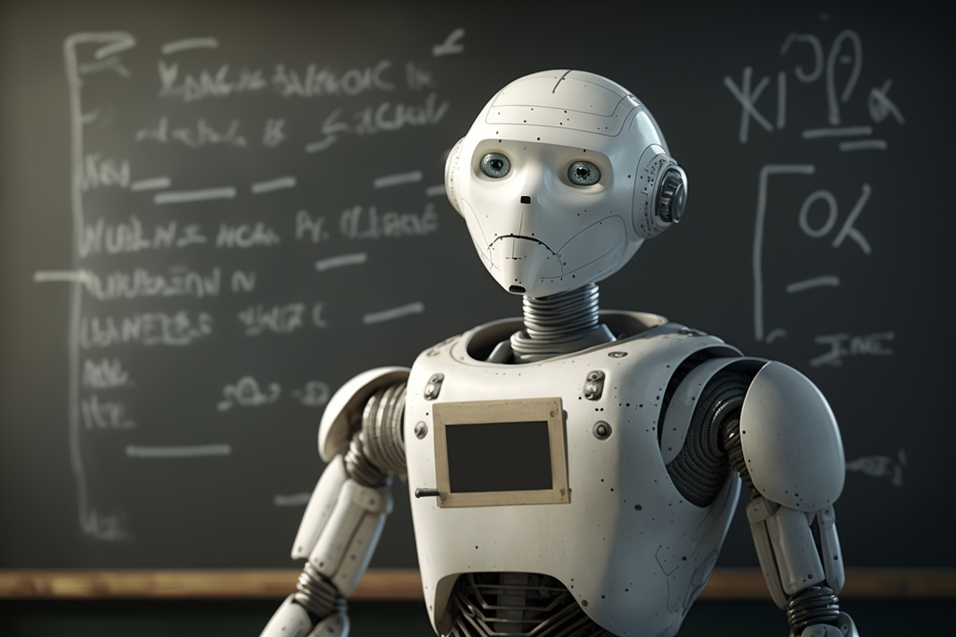 Robot in front of blackboard