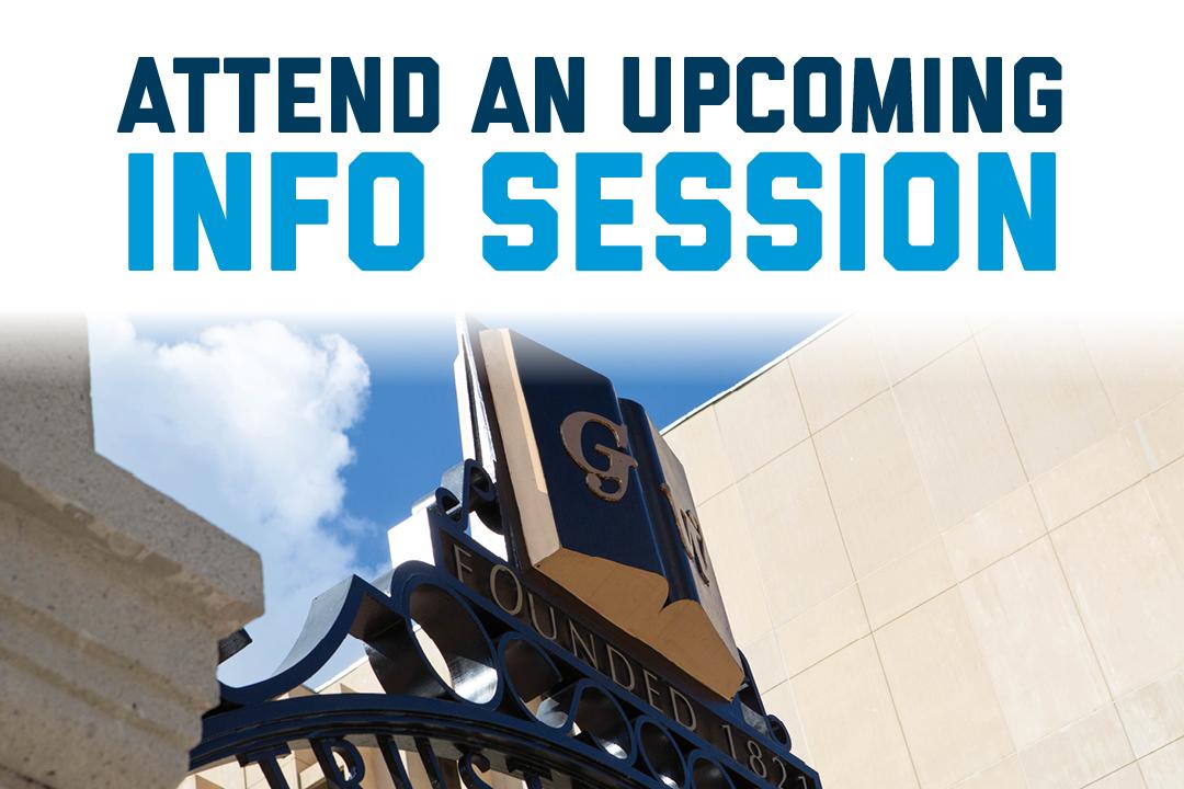 Attend an Upcoming Info Session, with a picture of the GW logo above the professors gate at Kogan