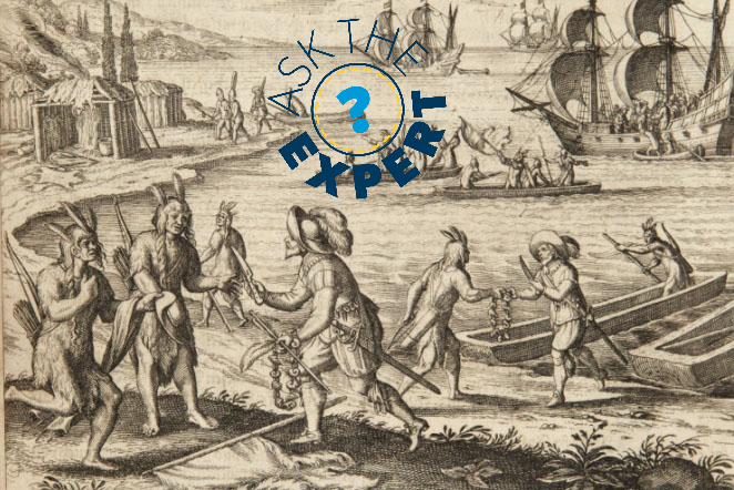 Jamestown colonists trade with Wampanoag Indians at Martha’s Vineyard in this 1597 Theodor de Bry illustration. (Courtesy The Newberry)