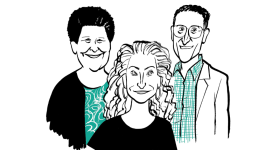 Illustration of Tyler Anbinder, Leslie Harris, and Annie Polland