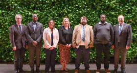 Image of five Bouchet scholars, CCAS Associate Dean for Graduate Studies, and CCAS Dean