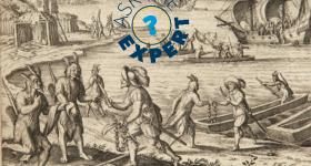 Jamestown colonists trade with Wampanoag Indians at Martha’s Vineyard in this 1597 Theodor de Bry illustration. (Courtesy The Newberry)